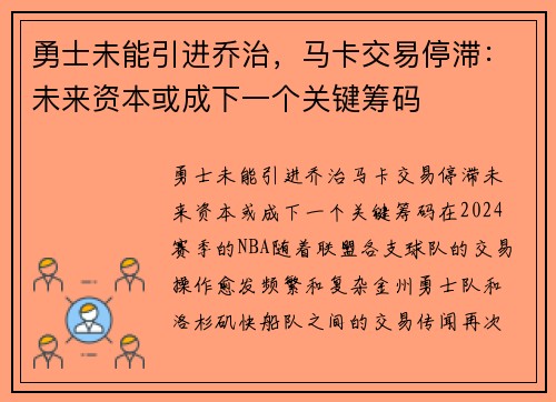 勇士未能引进乔治，马卡交易停滞：未来资本或成下一个关键筹码