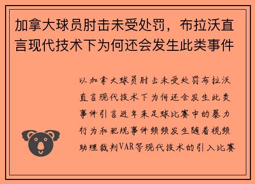 加拿大球员肘击未受处罚，布拉沃直言现代技术下为何还会发生此类事件？
