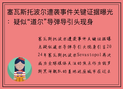 塞瓦斯托波尔遭袭事件关键证据曝光：疑似“道尔”导弹导引头现身