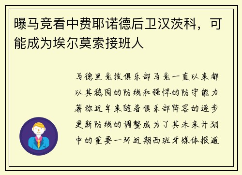 曝马竞看中费耶诺德后卫汉茨科，可能成为埃尔莫索接班人