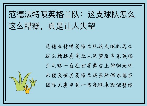范德法特喷英格兰队：这支球队怎么这么糟糕，真是让人失望
