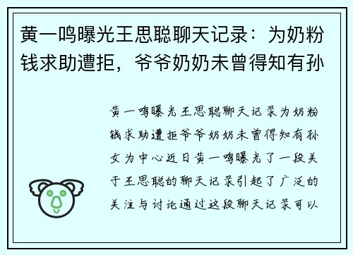 黄一鸣曝光王思聪聊天记录：为奶粉钱求助遭拒，爷爷奶奶未曾得知有孙女